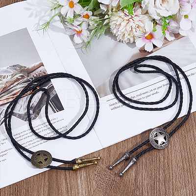 4Pcs 2 Colros Retro Alloy Pendant Black PU Leather Lariat Bolo Tie Necklaces NJEW-ME0001-11B-1