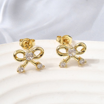 Bowknot Brass Micro Pave Clear Cubic Zirconia Stud Earrings for Women EJEW-G460-03G-1