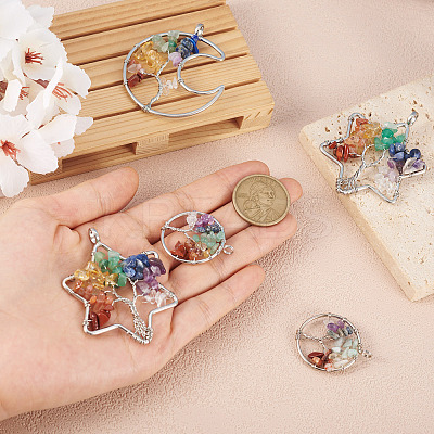 6Pcs 3 Styles 7 Chakra Natural Mixed Gemstone Chip Bigs Pendants FIND-FW0001-36-1