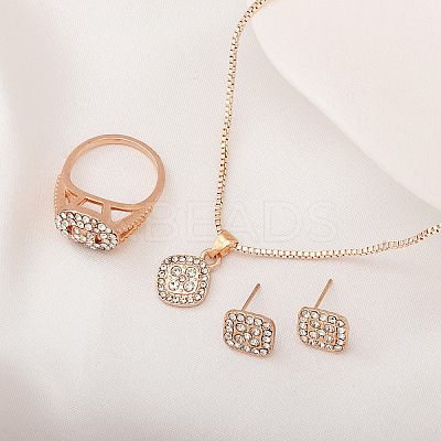 Rhombus Alloy Rhinestone Pendant Necklaces & Stud Earrings & Rings Sets FS-WGFED7A-01-1