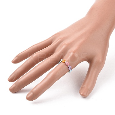 Glass Beaded Flower Wrap Stretch Finger Ring for Women RJEW-MZ00002-02-1