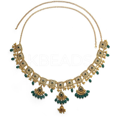 Bohemian Alloy Rhinestone & Glass Teardrop Tassel Waist Belly Chains for Women FS-WG246E4-03-1
