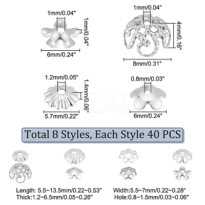 320pcs 8 Style 304 Stainless Steel Bead Caps STAS-PH0004-46-1