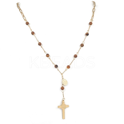 Natural Tiger Eye Round Rosary Bead Necklaces NJEW-JN05574-02-1