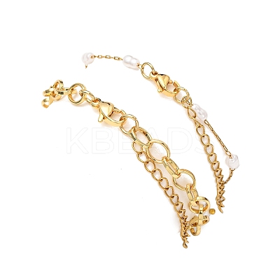 2Pcs 2 Styles 304 Stainless Steel Sea Turtle & Round Shell Pearl Charm Bracelets & 316 Surgical Stainless Steel Plastic Imitation Pearl Link Bracelets Set for Women BJEW-JB12422-1