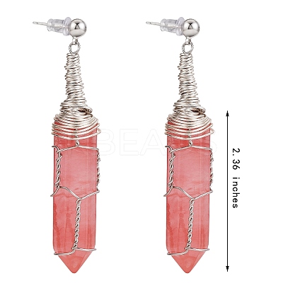 Cherry Quartz Glass Double Point Bullet Dangle Stud Earrings EJEW-PH01406-01-1