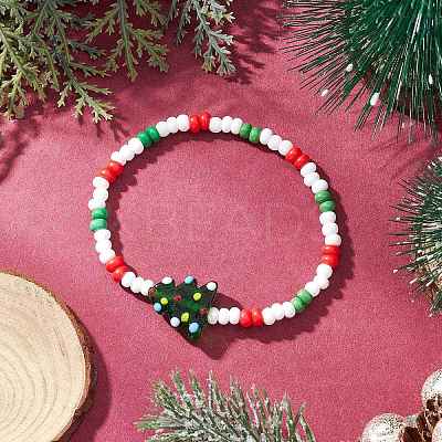 Christmas Glass Seed & Handmade Lampwork Beads Stretch Bracelets for Women BJEW-MZ00197-02-1