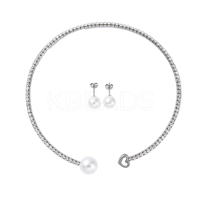Round Plastic Imitation Pearl Stud Earrings & Rhinestone Cuff Choker Necklaces Sets SJEW-U003-11P-1