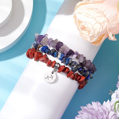 3Pcs 3 Styles Natural Amethyst & Lapis Lazuli &  Red Jasper Chips Stretch Bracelets Sets BJEW-JB11076-11-1
