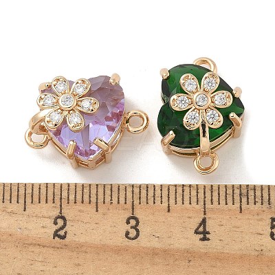 Brass Pave Faceted Glass Heart Connector Charms KK-G517-12G-1