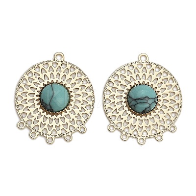 Brass Pave Dyed Synthetic Turquoise Flat Round Chandelier Component Links KK-Z088-05G-02-1