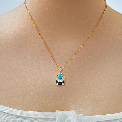 Brass Clear Cubic Zirconia and Black Enamel Rectangle with Oval Pendant Necklaces for Daily Wear AY5004-1-1