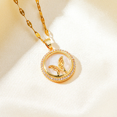 Brass Clear Cubic Zirconia Flat Round Butterfly Pendant Dapped Chain Necklaces for Women WA9125-1