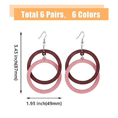 6 Pairs 6 Colors Wood Double Ring Dangle Earrings with Iron Pins for Women EJEW-FI0002-38-1