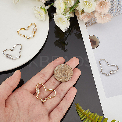 4Pcs 2 Colors Butterfly Brass Micro Pave Clear Cubic Zirconia Screw Carabiner Lock Charms KK-WR0001-05-1