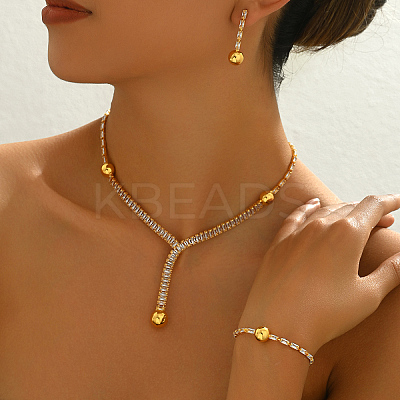 Round Brass Pave Cubic Zirconia Stud Earrings & Necklaces & Bracelets Sets for Women's Banquets and Weddings TZ4206-1