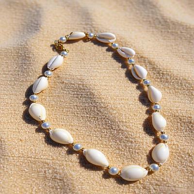 Bohemian Summer Beach Vacation Ocean Natural Cowrie Shell & Faux Pearl Beaded Necklaces HB1516-1