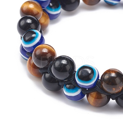 Natural Tiger Eye & Eyeless Obsidian & Resin Evil Eye Braided Bead Bracelet BJEW-JB08840-02-1