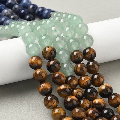 Chakra Natural Red Jasper & Yellow Jade & Green Aventurine & Tiger Eye & Sodalite & Amethyst Beads Strands G-NH0002-E02-8mm-1