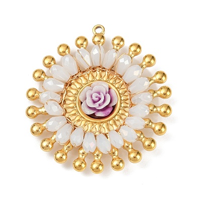 304 Stainless Steel and Resin Flower Pendants STAS-R170-03G-03-1