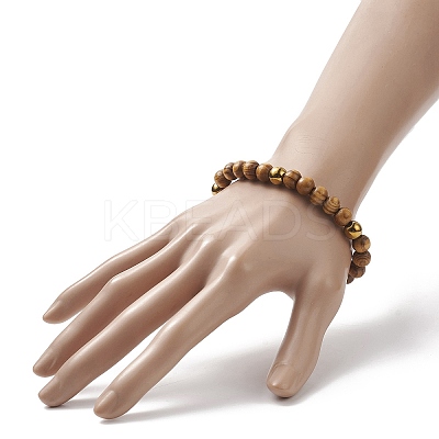 Natural Wood & Synthetic Hematite Round Beaded Stretch Bracelet for Women BJEW-JB09148-1