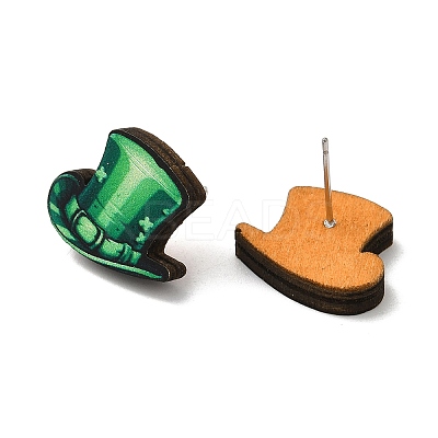 Saint Patrick's Day Green Wood Stud Earrings EJEW-D074-01D-1