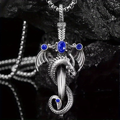 Alloy & 201 Stainless Steel & Rhinestone Dinosaur Wrapped Sword Pendant Necklaces for Men FS-WGFE8C1-06-1