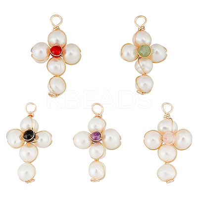 10Pcs 5 Styles Natural Mixed Stone Copper Wire Wrapped Pendants FIND-FH0008-81-1