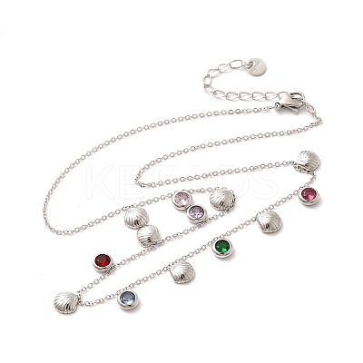304 Stainless Steel Colorful Cubic Zirconia Flat Round & Shell Shaped Bib Necklaces for Women NJEW-U031-08P-01-1