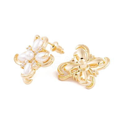 Clover Brass Pave Clear Cubic Zirconia & Freshwater Pearl Stud Earrings for Women EJEW-G391-01G-1