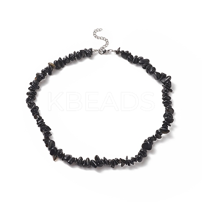 Natural Obsidian Chip Beaded Necklaces with 304 Stainless Steel Lobster Claw Clasp & Chain Extender NJEW-JN04225-03-1