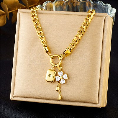 304 Stainless Steel Pave Clear Cubic Zirconia Flower Rectangle Tassel Pendant Necklaces for Women NJEW-K300-02G-1
