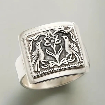 Rectangle with Bird & Flower Pattern Alloy Finger Rings FS-WGF2270-01-1