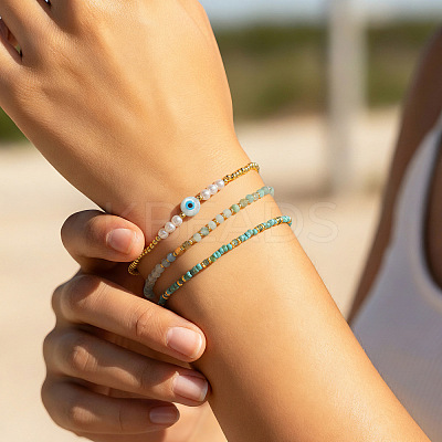 3Pcs 3 Styles Brass & Glass & Natural Green Aventurine Beaded Braclet Set WN5918-1-1