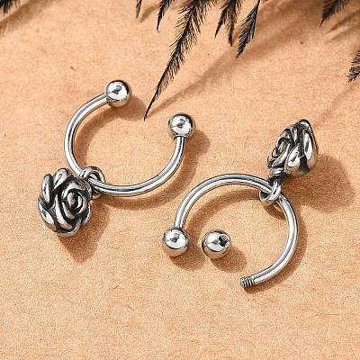 Rose Flower 316 Surgical Stainless Steel Dangle Half Hoop Earrings for Women EJEW-G416-45AS-1