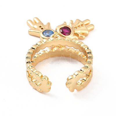 Cubic Zirconia Boy and Girl Charm Open Cuff Ring RJEW-C024-12G-1