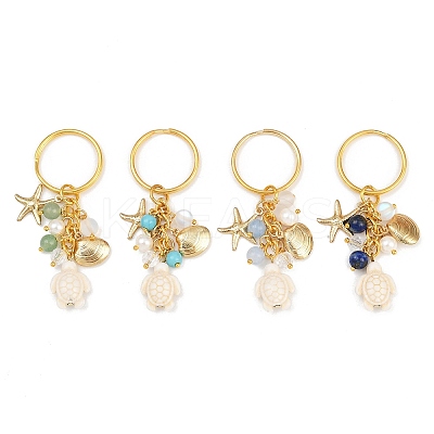 4Pcs 4 Colors Ocean Series Natural White Jade & Lapis Lazuli & Green Aventurine & Synthetic Turquoise & 304 Stainless Steel Starfish Shell Shape Turtle Keychain KEYC-JKC01388-1