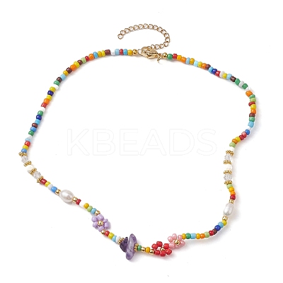 Flower Glass Seed & Pearl Beaded Necklaces NJEW-JN04677-02-1