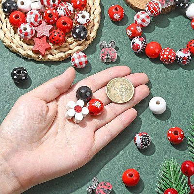 70Pcs 14 Styles Printed Wood Round Beads with 10M Jute Cord WOOD-YW0001-18-1