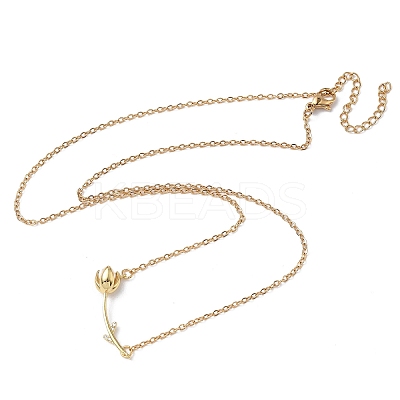 Brass and Acrylic Rose Flower Pendant 304 Stainless Steel Chain Necklaces for Women NJEW-D341-02G-1
