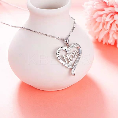 Mother's Day Brass Micro Pave Clear Cubic Zirconia I Love You Mom Heart Pendant Necklaces for Women LS-NJEW-C085-01D-P-1