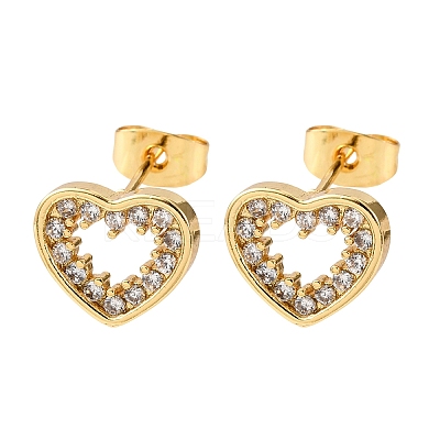 Brass Micro Pave Clear Cubic Zirconia Heart Stud Earrings EJEW-K267-29G-1