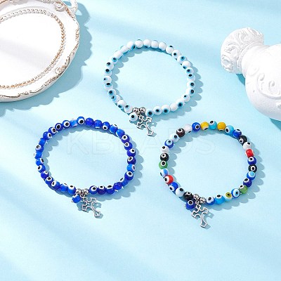 3Pcs 3 Colors Cross 304 Stainless Steel Charm Bracelets BJEW-JB12262-1