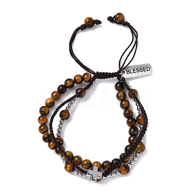 Adjustable Natural Tiger Eye & Hematite Braided Bead Bracelets BJEW-U035-01B-1