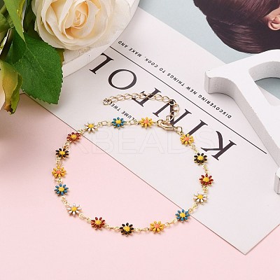 Golden Brass Flower Enamel Links Anklets AJEW-AN00333-01-1