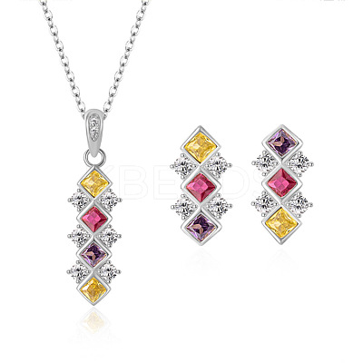 Rhombus Rhodium Plated 925 Sterling Silver Pave Colorful Cubic Zirconia Pendant Necklaces & Stud Earrings Sets for Women WGF0FD8-05-1