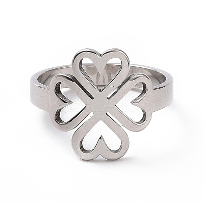 Non-Tarnish 201 Stainless Steel Heart Clover Finger Ring RJEW-J051-01P-1