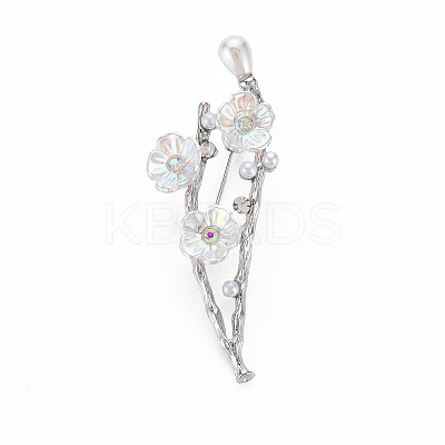 Plum Blossom with Branch Resin Brooch with Imitation Pearl JEWB-N007-023P-FF-1