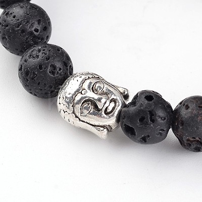 Buddha Head Natural Lava Rock Beaded Stretch Bracelets BJEW-JB02230-03-1