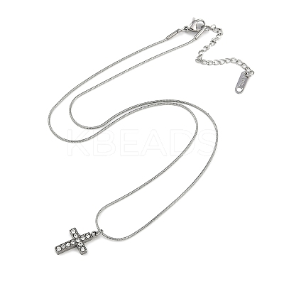 304 Stainless Steel Crystal Rhinestone Cross Pendant Round Snake Chain Necklaces for Women NJEW-Z044-05P-1